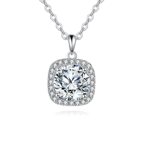 925 Sterling Silver Elegant Square Cushion Cut Moissanite Halo Pendant Necklace In Sterling Silver