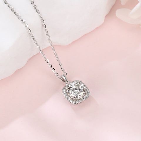 925 Sterling Silver Elegant Square Cushion Cut Moissanite Halo Pendant Necklace In Sterling Silver