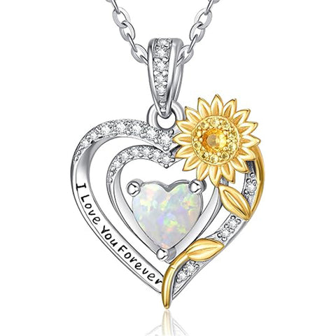 Sterling Silver Heart Birthstone Sunflower Pendant Necklace Engraved with I Love You Forever