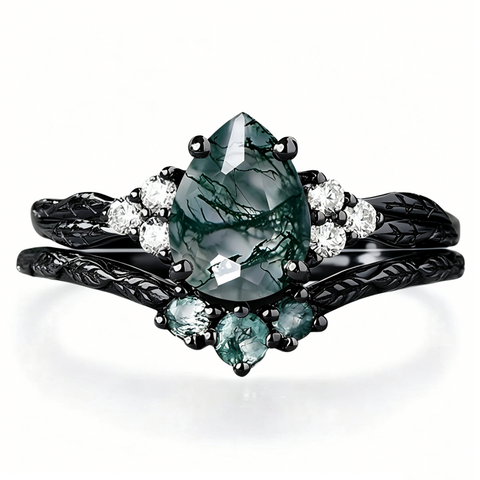 Sterling Silver 2CT Moss Agate  Engagement Wedding Ring Sets for Women
