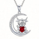 Sterling Silver Round Heart Birthstone Highland Cow Pendant Necklace Fluffy Cow Jewelry Gifts Birthday Christmas