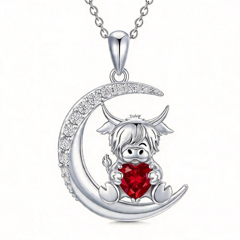 Sterling Silver Round Heart Birthstone Highland Cow Pendant Necklace Fluffy Cow Jewelry Gifts Birthday Christmas