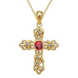 14K Gold Plated Round Cubic Zirconia Filigree Rose Cross Necklace for Women