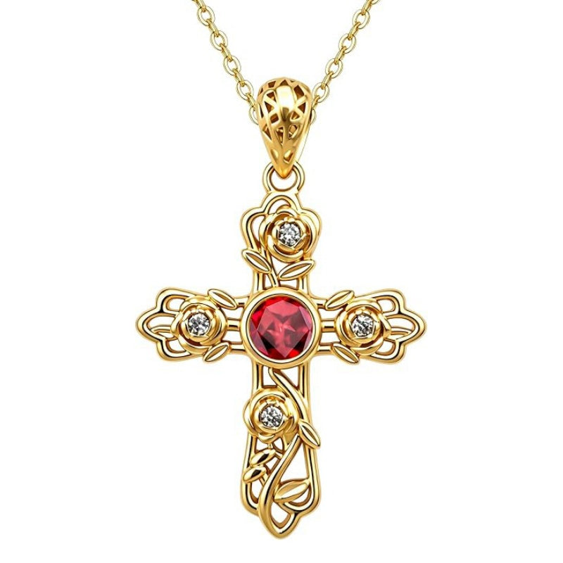 14K Gold Plated Round Cubic Zirconia Filigree Rose Cross Necklace for Women