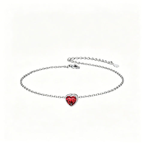 Sterling Silver Simple Dainty Round Heart Birthstone Single Layer Charm Anklet