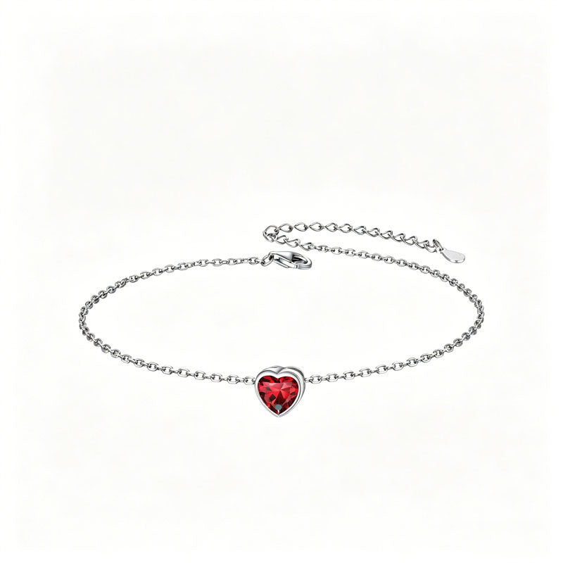 Sterling Silver Simple Dainty Round Heart Birthstone Single Layer Charm Anklet