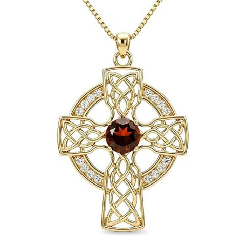 14K Gold Plated Birthstone Celtic Knotwork Cross Necklace for Women