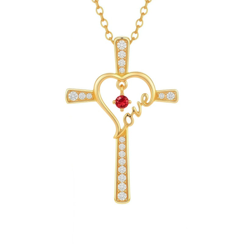 14K Gold Plated  Birthstone  LOVE Heart Cross Necklace for Women Faith Jewelry