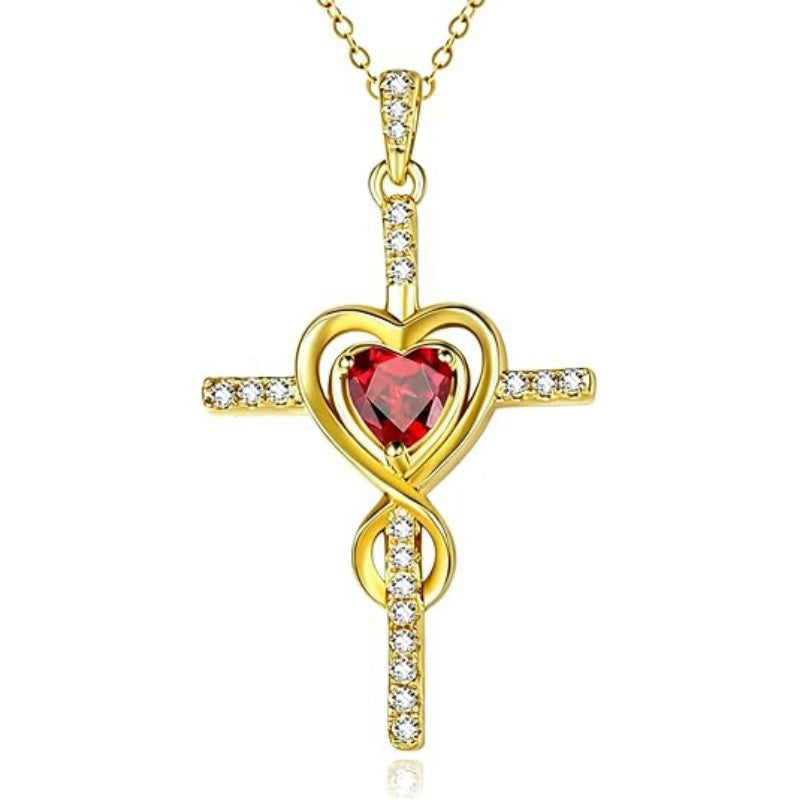 14K Gold Plated Dainty Heart Birthstone Pendant Cross Necklace for Women Religious Gift