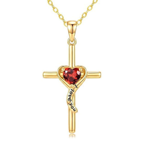 14K Gold Plated Dainty Heart Birthstone Pendant Cross Necklace for Women Religious Gift