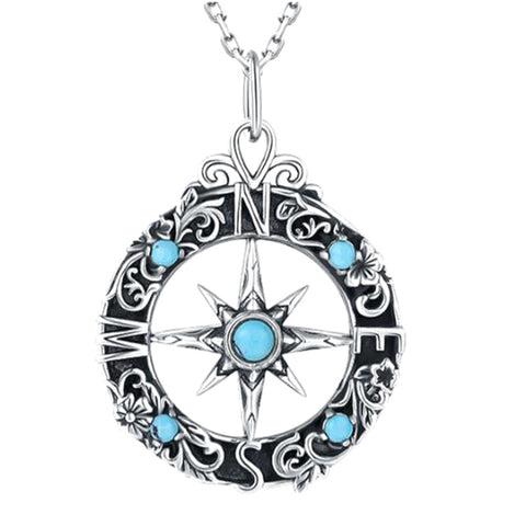 Sterling Silver Turquoise Compass Pendant Necklace Graduation Gifts 2025 Rotating Jewelry