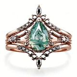 Sterling Silver 10K 14K 18K Gold 2CT Moss Agate Vine Leaf Women's Bridal Ring Sets for Wedding Engagement