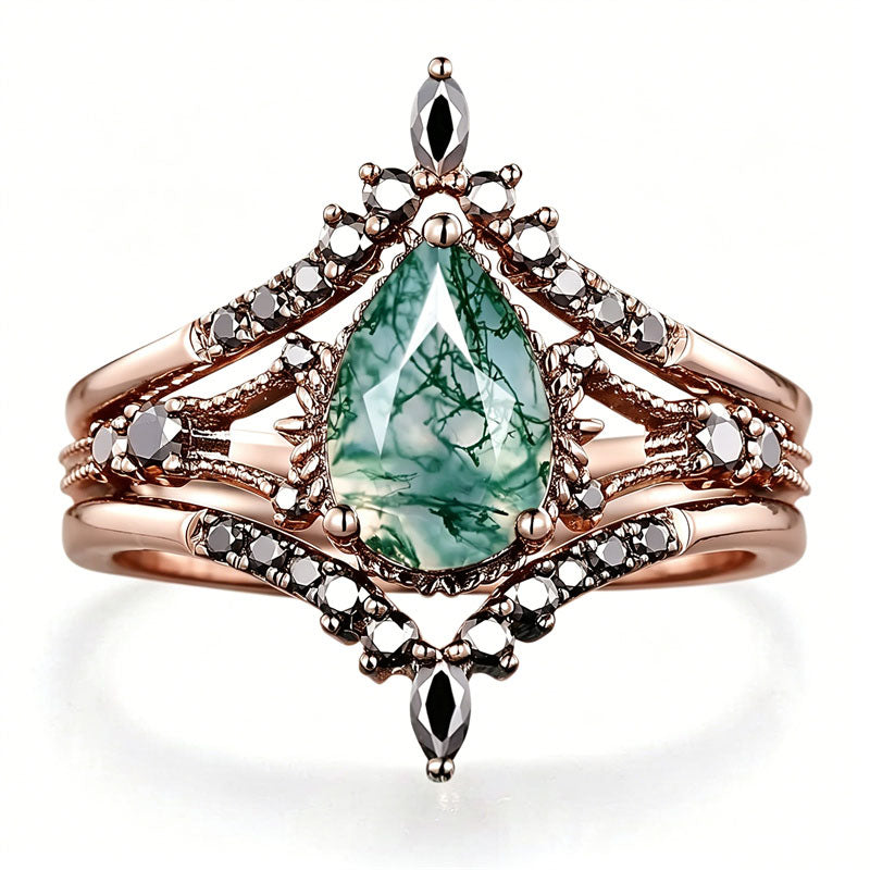 Sterling Silver 10K 14K 18K Gold 2CT Moss Agate Vine Leaf Women's Bridal Ring Sets for Wedding Engagement