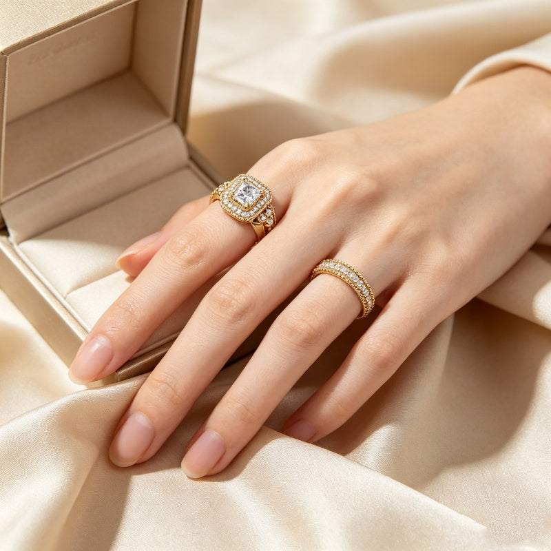 14K Gold Plated 2CT Cubic Zirconia  Halo Engagement Ring Wedding Band Bridal Sets for Women