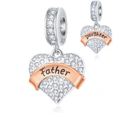 Family Theme Charm 925 Sterling Silver Mother Father Clear Pave Heart Pendant Beads Fit European Women Bracelet