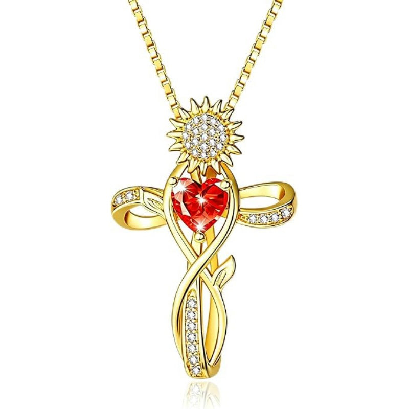 14K  Gold Plated 12 Color Birthstone Sunflower Cross Pendant  Necklace for Women Faith Cross Jewelry