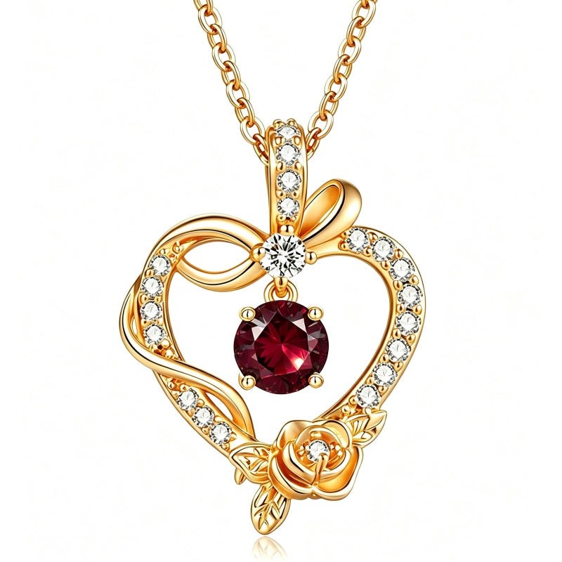 14K Gold Plated Round Birthstone Rose Flower Pendant Necklace for Women