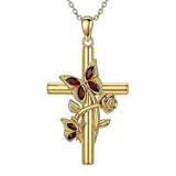 Birthston Butterfly Rose 14K Plated Gold Cross Pendant Necklace for Women