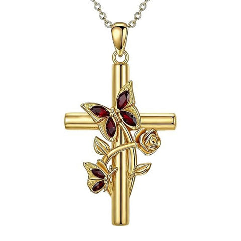 Birthston Butterfly Rose 14K Plated Gold Cross Pendant Necklace for Women