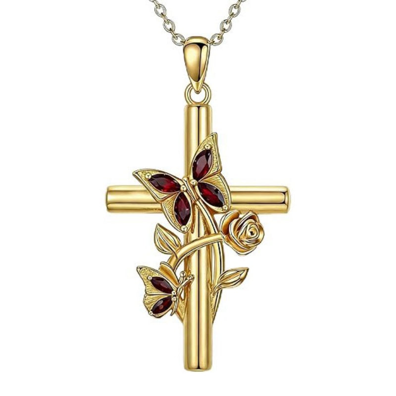Birthston Butterfly Rose 14K Plated Gold Cross Pendant Necklace for Women