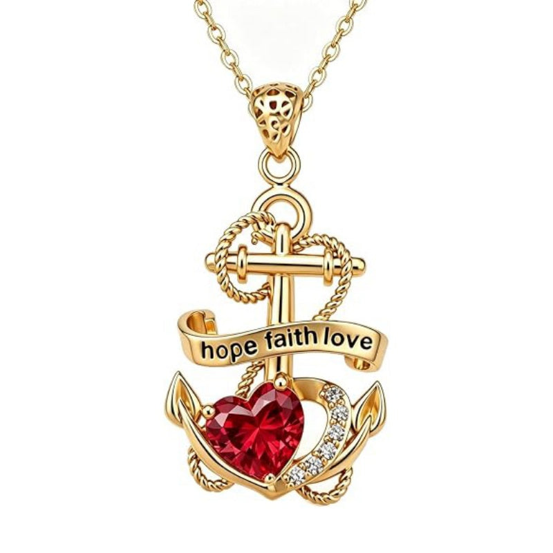 14K Gold Plated Heart Birthstone Anchor Necklace Engraved with Hope Faith Love