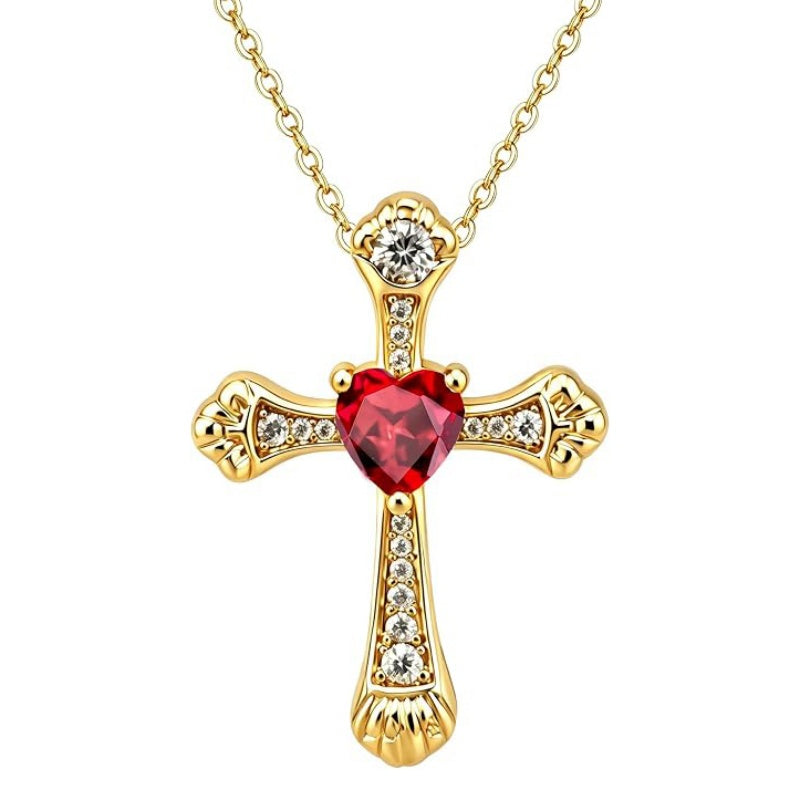 14K Gold Plated Heart Cut Cubic Zirconia Cross  Pendant Necklace For Women Religious Faith Jewelry