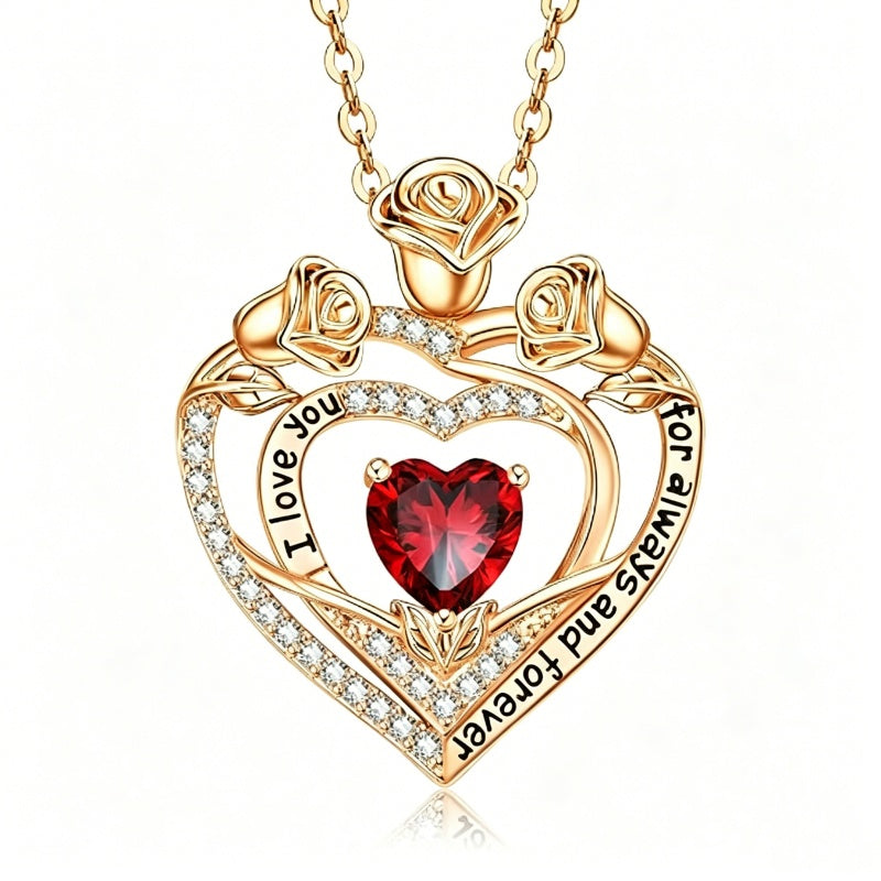 14K Gold Plated Rose Heart Birthstone Necklace for Women Engraved with I Love You for Always and Forever