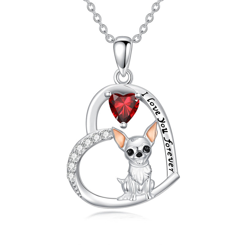 Sterling Silver 12 Month Birthstone Schnauzer Chihuahua Pitbull Pug Pendant Necklace for Women