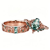 Sterling Silver 10K 14K 18K Gold Natural Leaf  Moss Agate Engagement Anniversary Couple Ring Sets