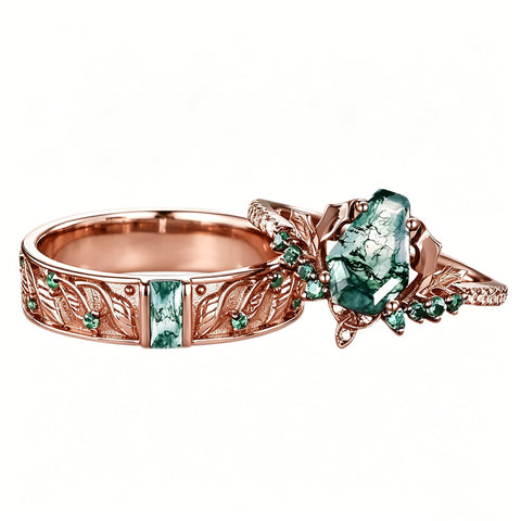 Sterling Silver 10K 14K 18K Gold Natural Leaf  Moss Agate Engagement Anniversary Couple Ring Sets