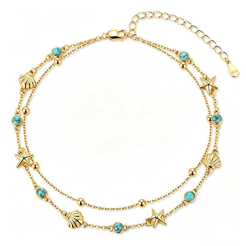 14K Gold Plated Turquoise Turtle Starfish Ocean Double Layered Anklet