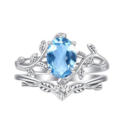Sterling Silver Oval Shaped  Leaf Gemstone Engagement Rings Set for Women