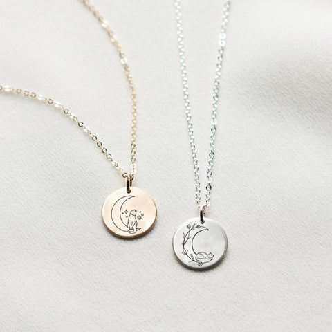 Sterling Silver Cat & Moon Pendant Necklace