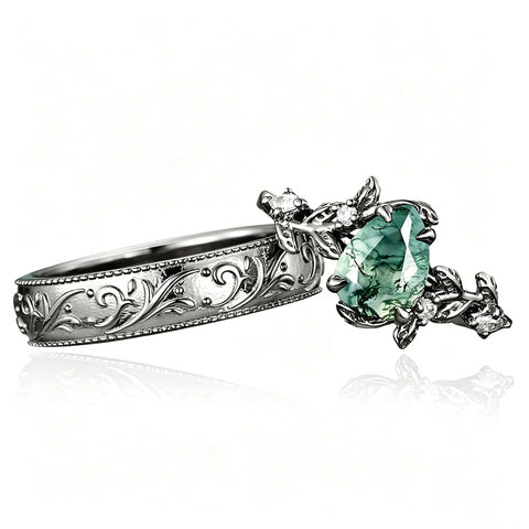 Sterling Silver 10K 14K 18K Gold Natural Leaf  Moss Agate Engagement Anniversary Couple Ring Sets