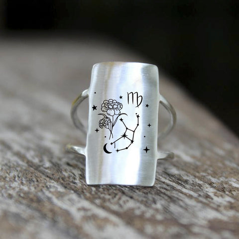 Sterling Silver Constellation Ring with Birth Flower and Horoscope Symbol