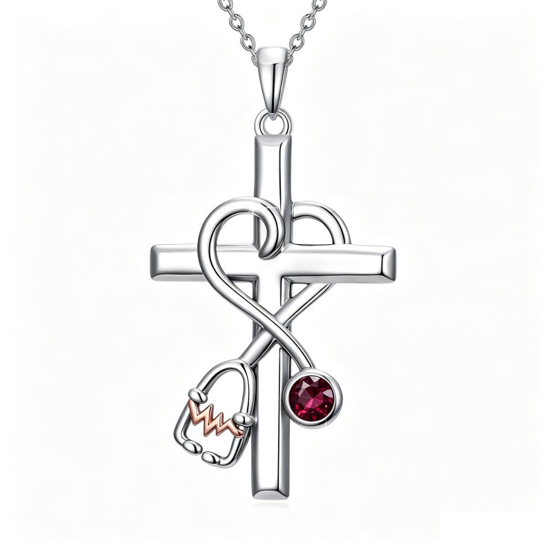 14K Gold Plated  Birthstone Stethoscope Cross Necklace Graduation Gifts for Women RN