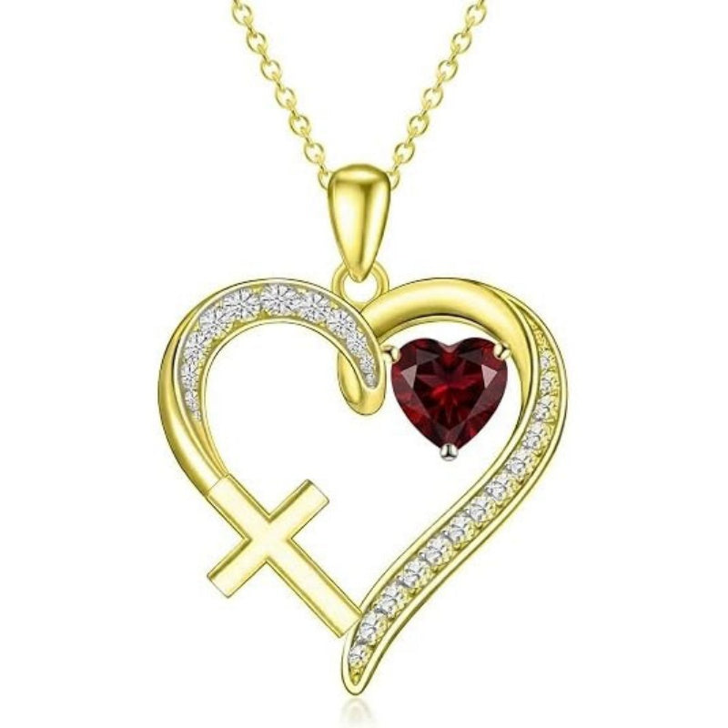 14K Gold  Plated 12 Months Birthstone  Heart Cross Pendant Necklace  for Women