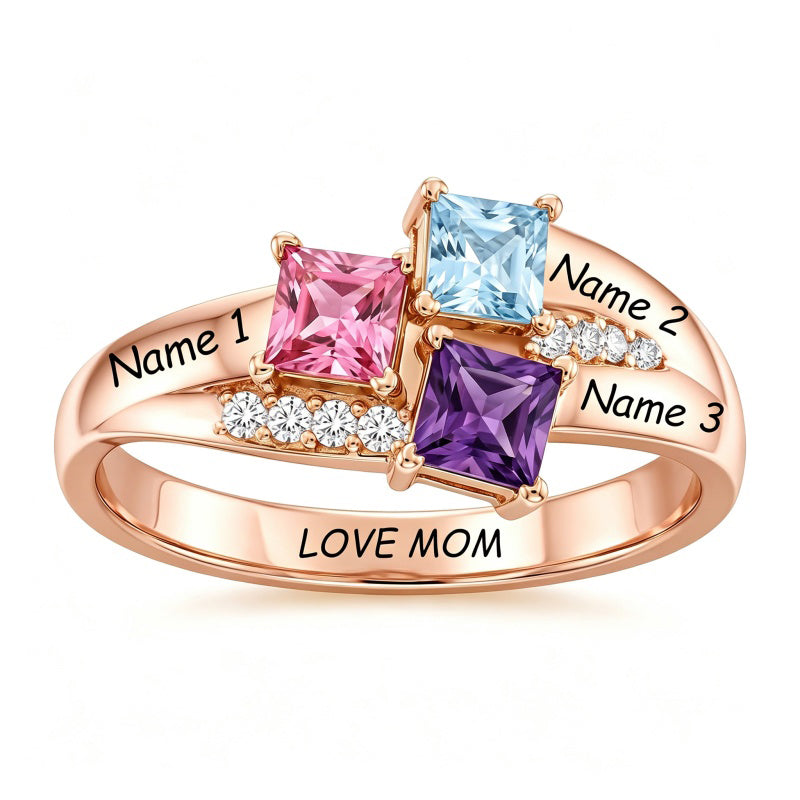 10K 14K 18K Gold Square Shaped Personalized 1-5 Birthstone  Family Mother's Ring Anniversary Ring for Women