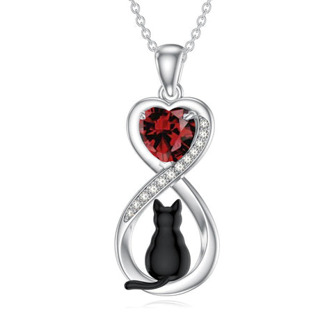 Sterling Silver Birthstone Infinity Black Cat Pendant  Necklace