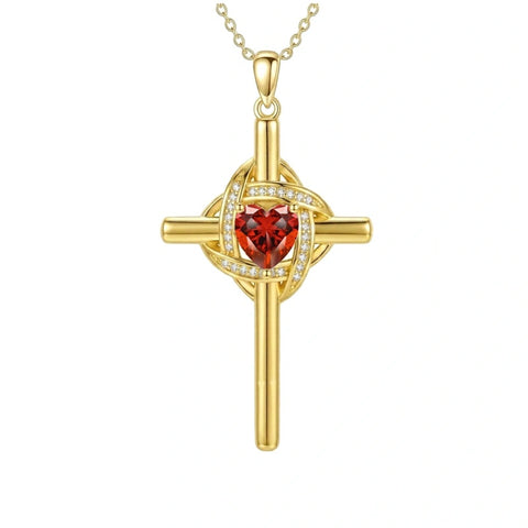 10K 14K 18K Gold Birthstone Cross Pendant Necklace Christian Jewelry
