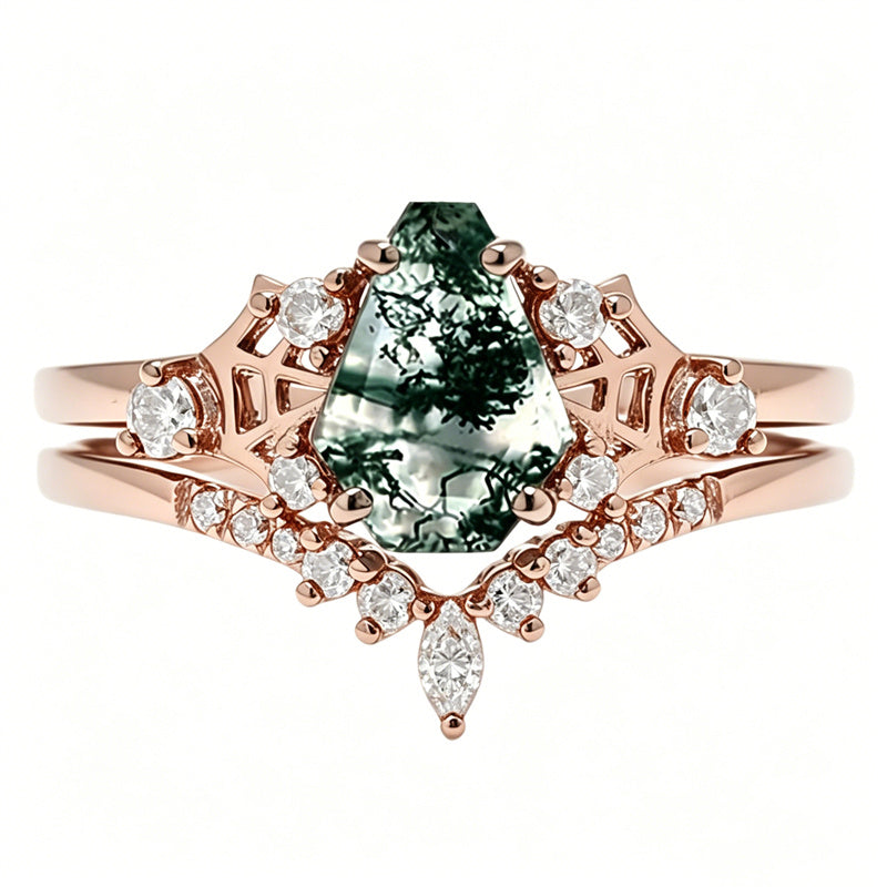 Sterling Silver 10K 14K  18K Gold Personalized Engraved Moss Agate Gothic Promise Wedding Engagement Black Ring Set