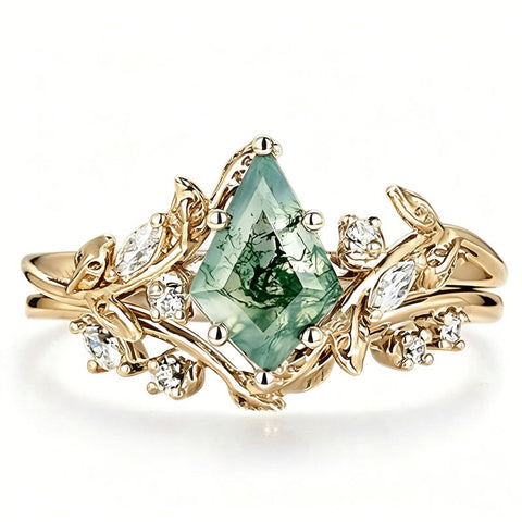 Sterling Silver 2CT Moss Agate  Engagement Wedding Ring Sets for Women