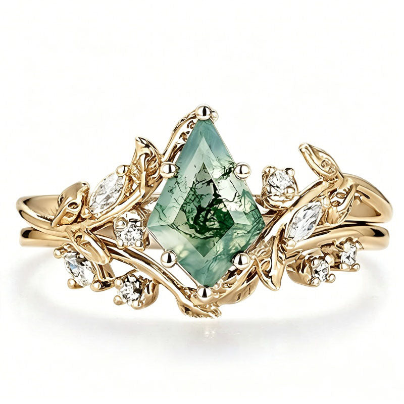 Sterling Silver 2CT Moss Agate  Engagement Wedding Ring Sets for Women