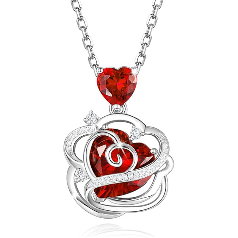 Sterling Silver Thornless Pulse Heart Birthstone  Rose Pendant Necklace
