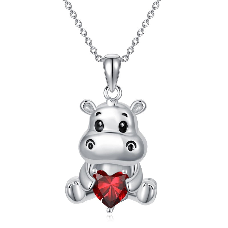 Sterling Silver Birthstone Hippo Pendant Necklace Birthday Christmas Gift