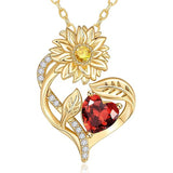 Sterling Sliver Birthstone Love Heart & Sunflower Pendant Necklace Engraved With You Are My Sunshine