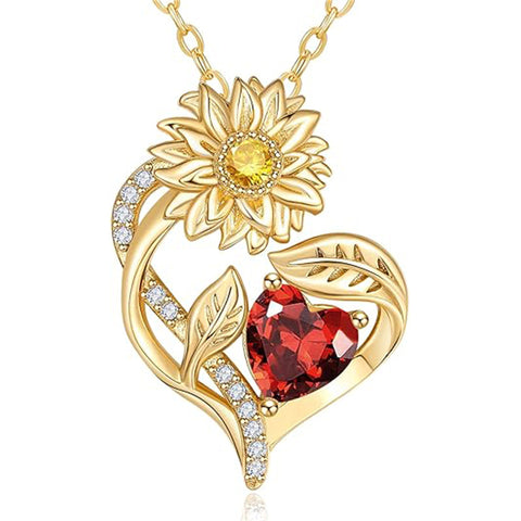 Sterling Sliver Birthstone Love Heart & Sunflower Pendant Necklace Engraved With You Are My Sunshine