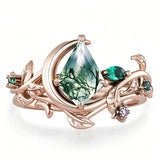 Sterling Silver 2CT Moss Agate  Engagement Wedding Ring Sets for Women