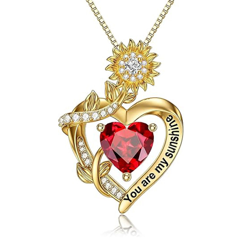 10K 14K 18K Gold  12 Months Birthstones Sunflower Pendant Necklace Engraved with You are My Sunshine