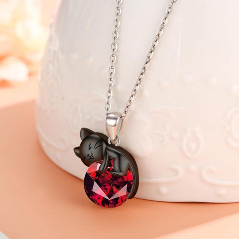 Black Cat Animal Necklace with Birthstone Sterling Silver Gift for Mother Women